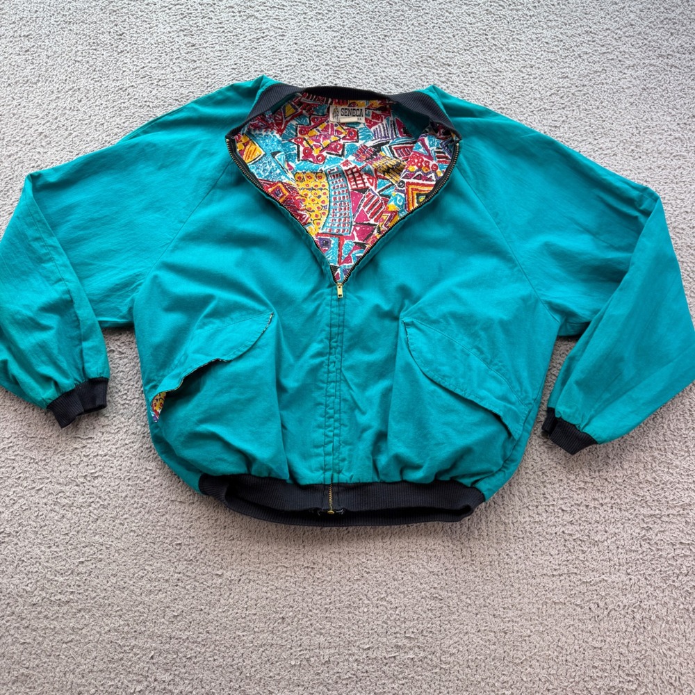 Vintage Seneca Teal Cotton Bomber Jacket Abstract Geometric Lining USA 9/10